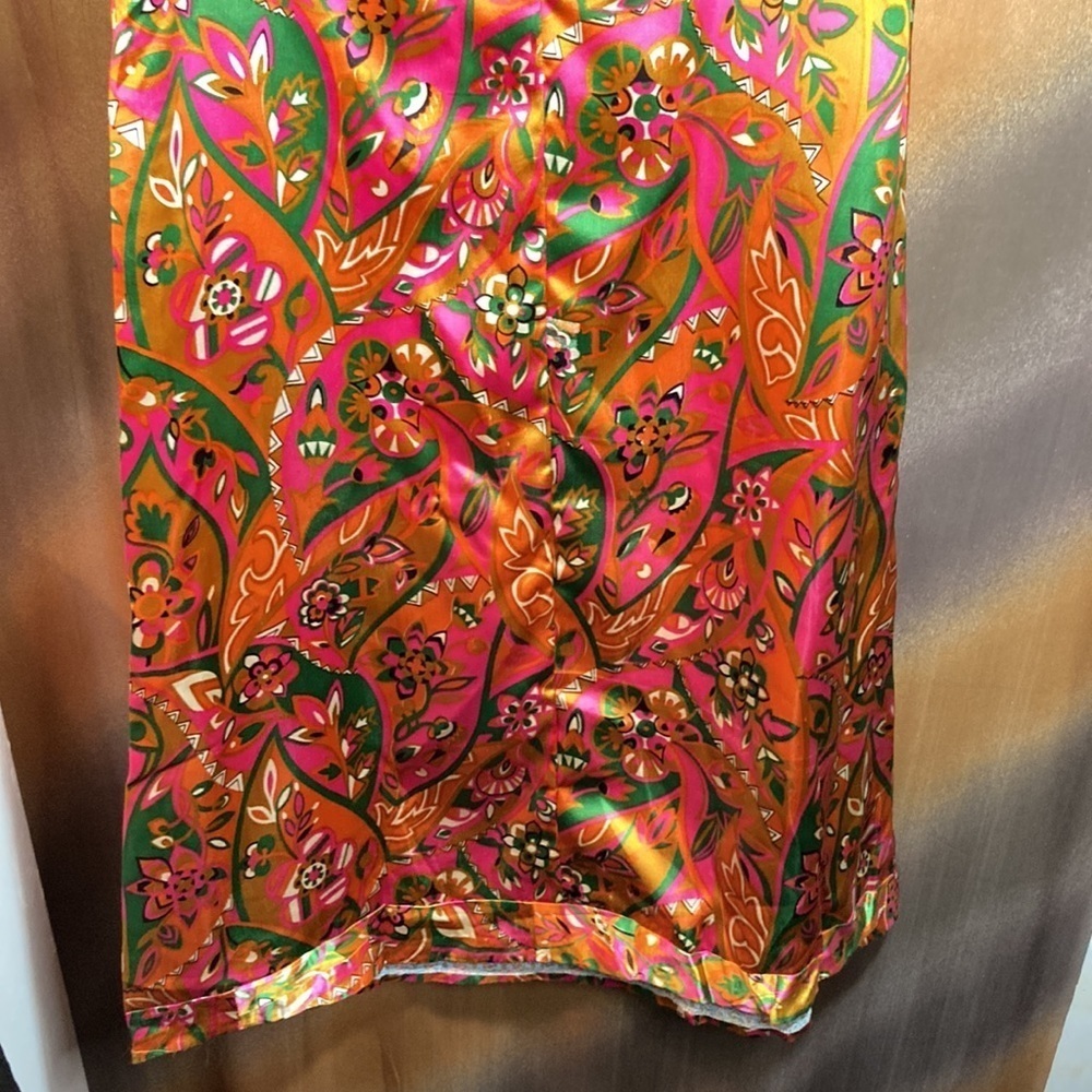 1970’s orange, green & pink satin long dress. 51” length. 32” chest. 120 - Picture 5 of 7